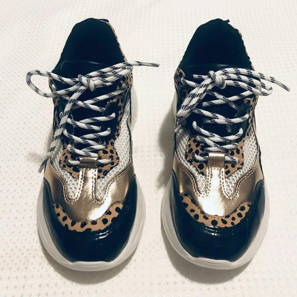 Qupid Womens Gold Black Lace Up Leopard Print Low Top Sneaker Shoes Size US 7 - Picture 2 of 13